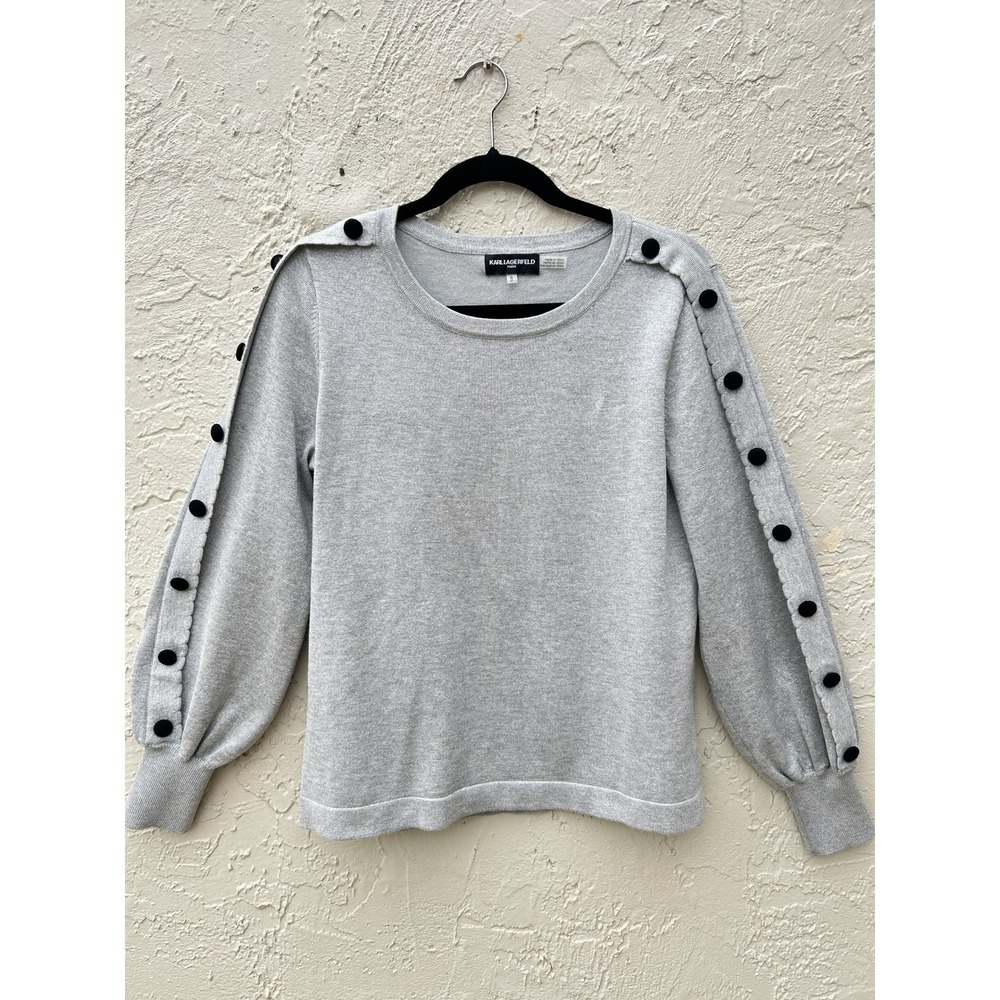 Karl Lagerfeld Paris Silver Metallic Knit Sweater Velvet Button Sleeve Gray M